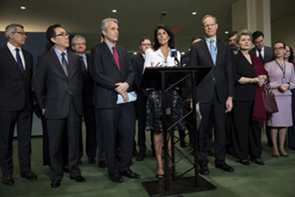 Nikki Haley, the United States ambassador to the United Nations, spoke on Monday outside the nuclear weapons ban talks, flanked by Alexis Lamek, left, France’s deputy United Nations ambassador, and Matthew Rycroft, right, the British ambassador to the United Nations. Credit Drew Angerer/Getty Images