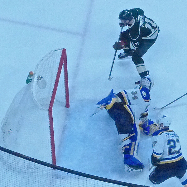 Zach Parise's shot hits the net behind St. Louis goaltender Jake Allen with 22.7 seconds remaining in Game 1, as the Wild forced sudden-death overtime. Photo credit: John Gilbert