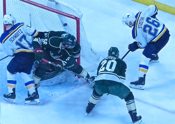 Former Denver University star Paul Stastny, in his first game back from injury centering St. Louis's first line, chipped the puck over Wild goalie Devan Dubnyk for a 3-1 lead in the third period Saturday. Photo credit: John Gilbert