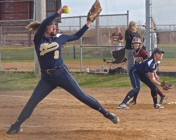 Hermantown ace Breanna Thomas gave up a leadoff home run, after the Hawks scored 8 in the top of the first, and whipped Denfeld 13-1. Photo credit: John Gilbert
