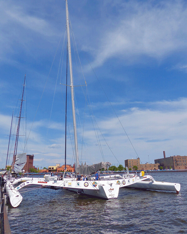 The outrigger hulls of the trimaran Arete make it nearly square, and also very fast as it was among the first Trans Superior yacht racers to reach Duluth from Sault Sainte Marie, Mich. Photo credit: John Gilbert