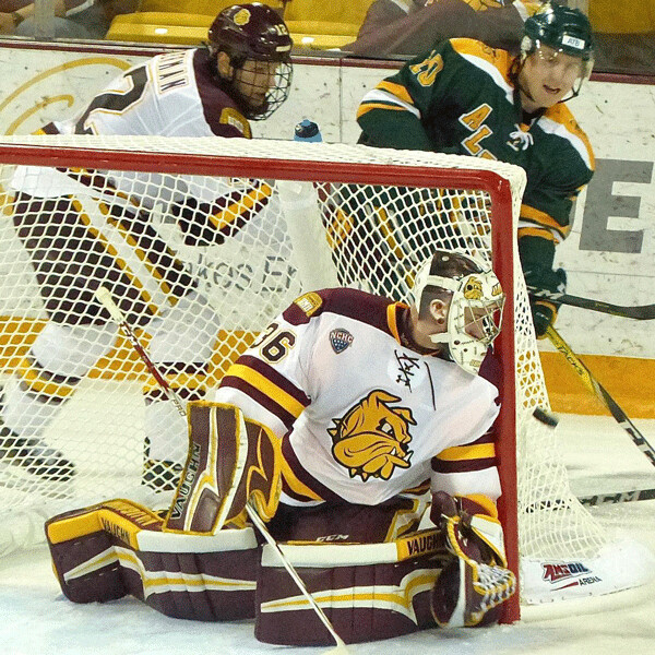 Ben Patt, a freshman goaltending candidate for UMD, kept the puck wide of the post in his share of Saturday’s game. Photo credit: John Gilbert