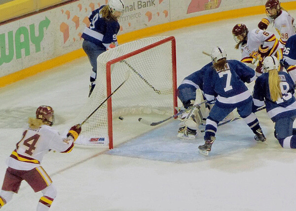 Freshman Mallorie Iozzo (6) from Hibbing made it 2-0 Saturday against Penn State in the UMD women’s sweep. Photo credit: John Gilbert