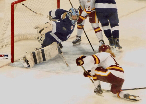 UMD captain Sydney Brodt (14) fired a deflected pass into the Penn State net for a 3-0 victory Saturday. Photo credit: John Gilbert