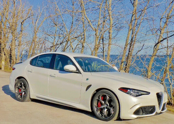 The Alfa Romeo Giulia Quadrifoglio looks no different than the Giulia TI, except for the 4-leaf clover emblem, but its 505 horsepower engine and 443 foot-pounds of torque set it apart. Photo credit: John Gilbert