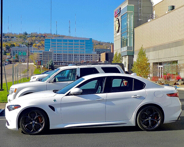 Even parked outside AMSOIL Arena in Duluth, Minnesota, the Quadrifoglio looks like it’s threatening the speed limit. Photo credit: John Gilbert