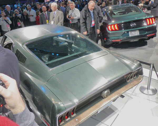 Original 1968 Mustang from Bullitt, left, new Bullitt model back.  Photo credit: John Gilbert