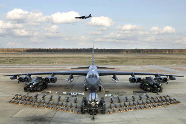The US maintains a fleet of long-range B-2 and B-52H heavy bombers like this one that carry nuclear armed Cruise missiles and B61 nuclear gravity bombs, among many others, and which regularly fly “exercises” near North Korea. 