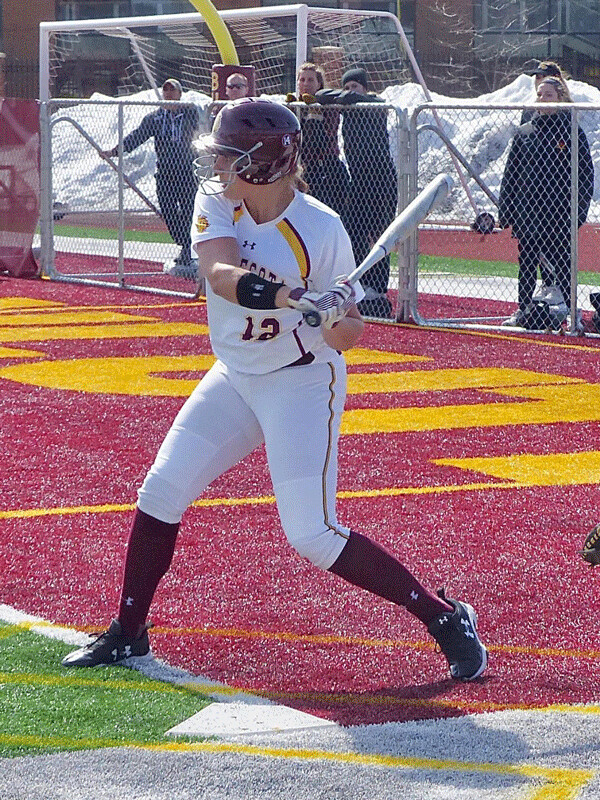First baseman Jordyn Thomas smacked two of UMD's three hits in the 1-0 game, with signs of never-ending winter in the background.