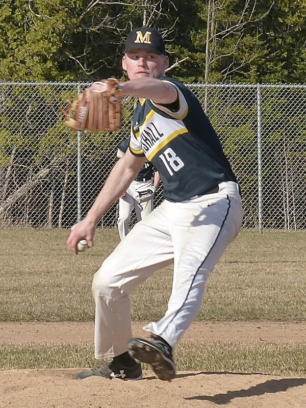 Marshall’s Peter Hansen struck out the side on 10 pitches in the third inning, and fanned 10 in 5 innings in a 10-2 victory Monday at Two Harbors. Photo credit: John Gilbert