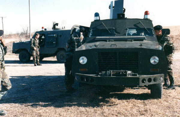 These Air Force security teams in their armored cars followed Barb Katt and me as we drove around the Minuteman missile fields doing research for the book Nuclear Heartland. Photo by John LaForge