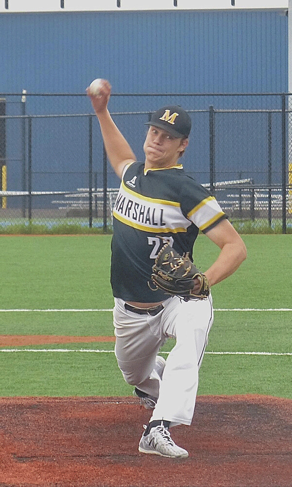 Ben Pedersen, the ace of Marshall's skilled and deep pitching staff delivered a pitch in Section 7AA. Photo credit: John Gilbert