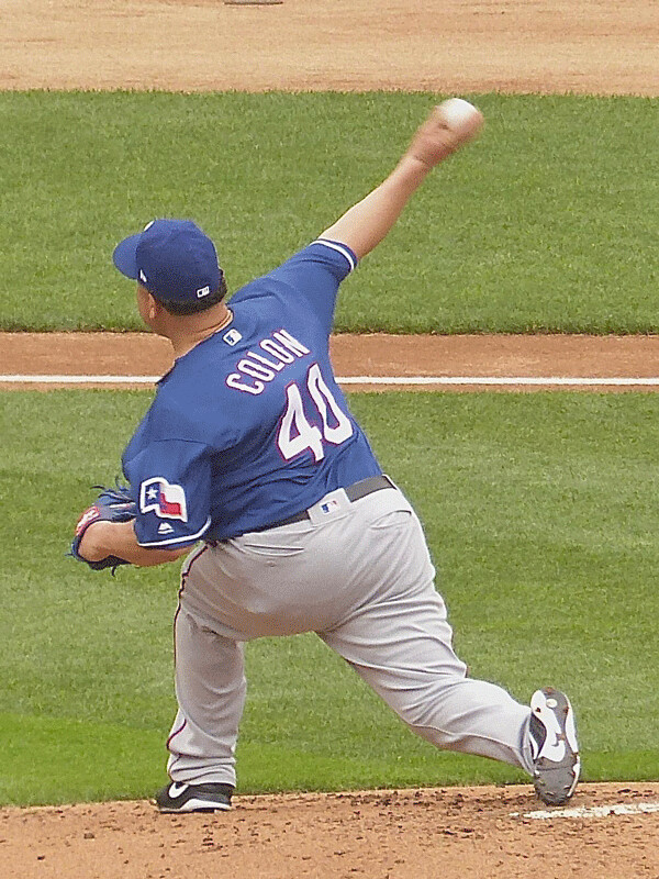 Ageless Bartolo Colon is not ageless, pitching like a kid of 45 for Texas. Photo credit: John Gilbert