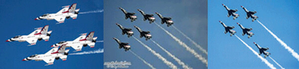 These Ain’t Contrails: USAF Thunderbird stunt teams exhibiting 3 examples of formations with lead and center planes showing no aerosol spray (Note clear blue sky on left and right photos and hazy blue sky in the middle photo [presumably from the aerosol spraying during the previous few hours of the airshow) Image from Gary Kohls