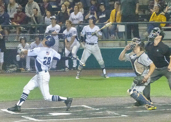 Huskies and Northwoods League top hitter and MVP Augie Isaacson and everybody else's eyes were looking up on the game-ending pop-up. Photo credit: John Gilbert
