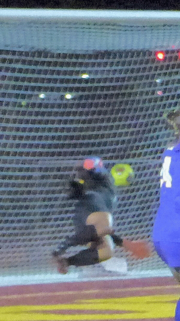 ...Ng falls backwards into the goal as  the ball continues into the net...