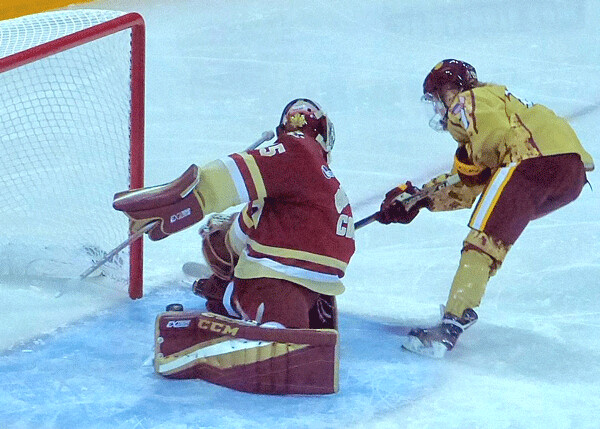 UMD’s Anna Klein was stopped on this breakaway by BC goaltender  Maddy McArthur last  Saturday. Photo credit: John Gilbert