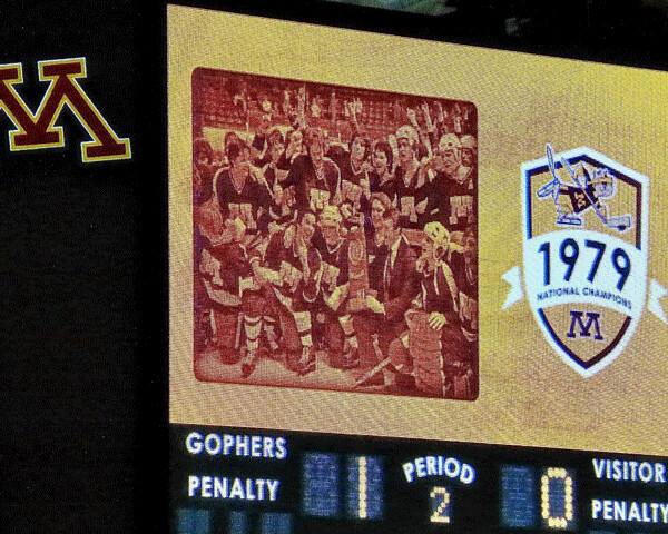 At Mariucci Arena, the large scoreboard drew ovations from a record crowd of 10,686 whenever it showed the photo of the 1979 team celebrating. Photo credit: John Gilbert