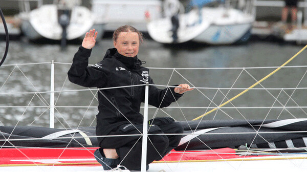 Greta Thunberg, a 16 year old Swedish climate activist, arrived in New York last week  aboard a boat rather than to plane to emphasize the need to reduce carbon-emission  damage to the planet. Mary Altaffer/AP