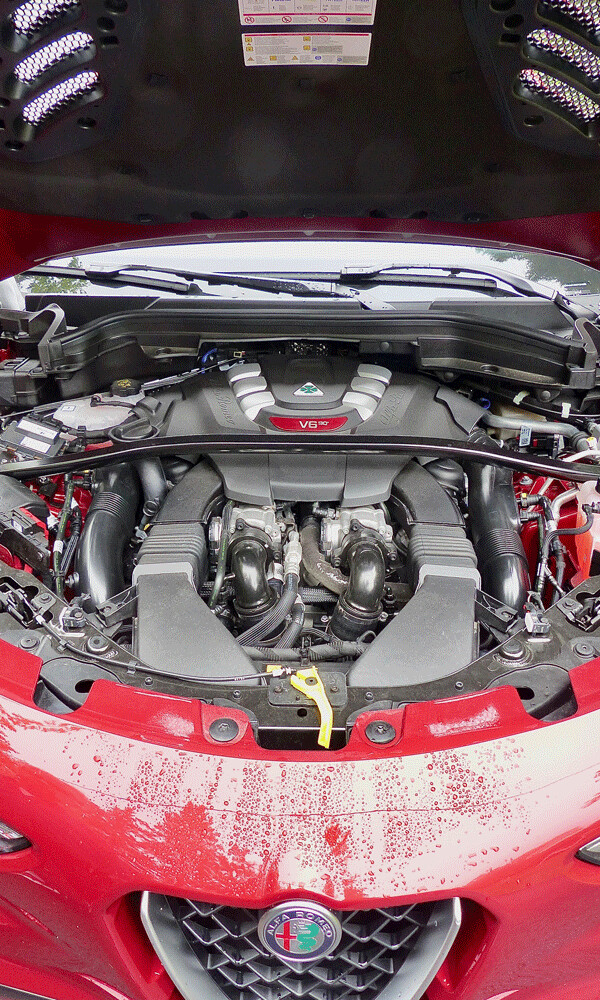 Top engine is a 2.9-liter V6, built by Ferrari Formula 1 engineers, moving the Stelvio  with 505 horsepower. Photo credit: John Gilbert
