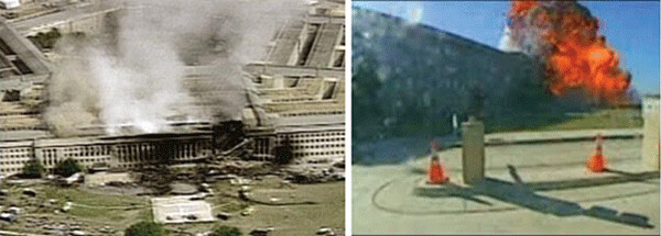 Two scenes at the still smoking Pentagon before the roof caved in (left). There are no signs of a huge commercial jet in either photo.
