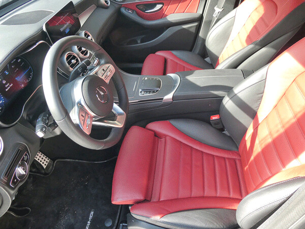  Flashy red-leather interior and typically upscale Mercedes interior amenities boost the GLC 300 to a higher standard. Photo credit: John Gilbert