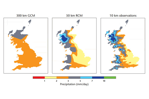 This graphic shows the United Kingdom as represented in a Global Climate Model (GCM), a Regional Climate Model (RCM) and actual observations. Credit: Met Office.