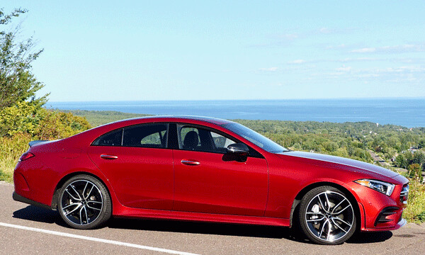 From the side, the smoothly sloping roof lends the coupe-like dimensions to the  compact CLS. Photo credit: John Gilbert