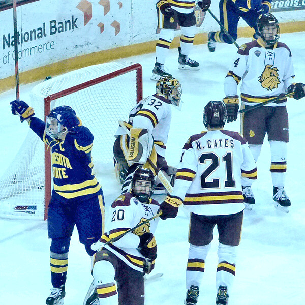 MSU-Mankato captain Mark Michaelis celebrated his goal, which broke a scoreless first-game duel in the second period. Photo credit: John Gilbert
