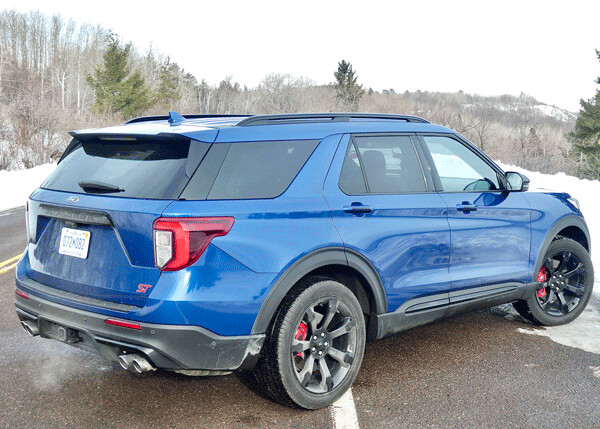 Two sets of dual exhaust tips accents the rear view of the new Explorer, which rides on a new rear-drive platform. Photo credit: John Gilbert